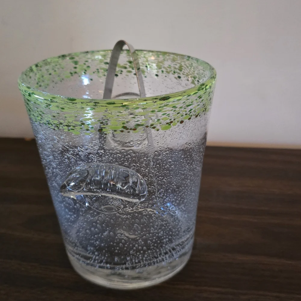 Vintage French Biot Bubble Glass Hand Blown Ice Bucket And Ice Tongs
